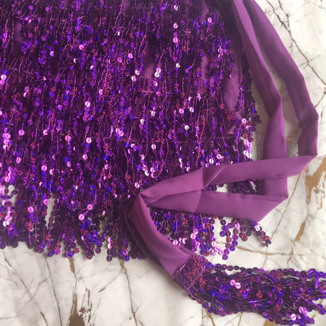 Purple Sequin Tassel Wrap Mini Skirt