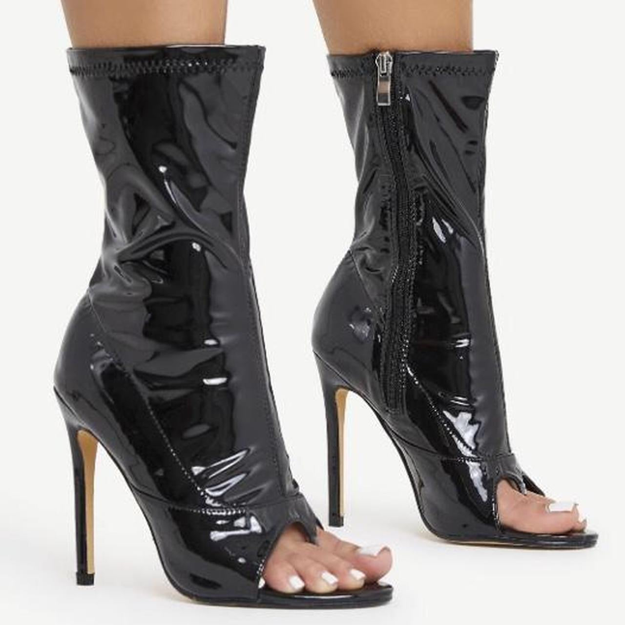 Black Faux Leather Stiletto Open Toe Ankle Boots