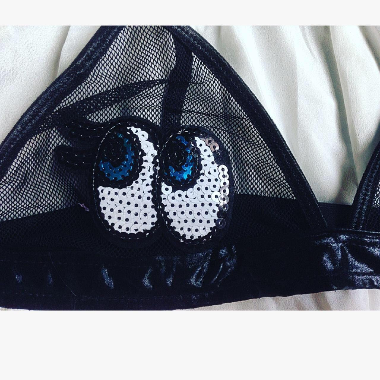 Sequin Eyes Patch Mesh Faux Leather Bra