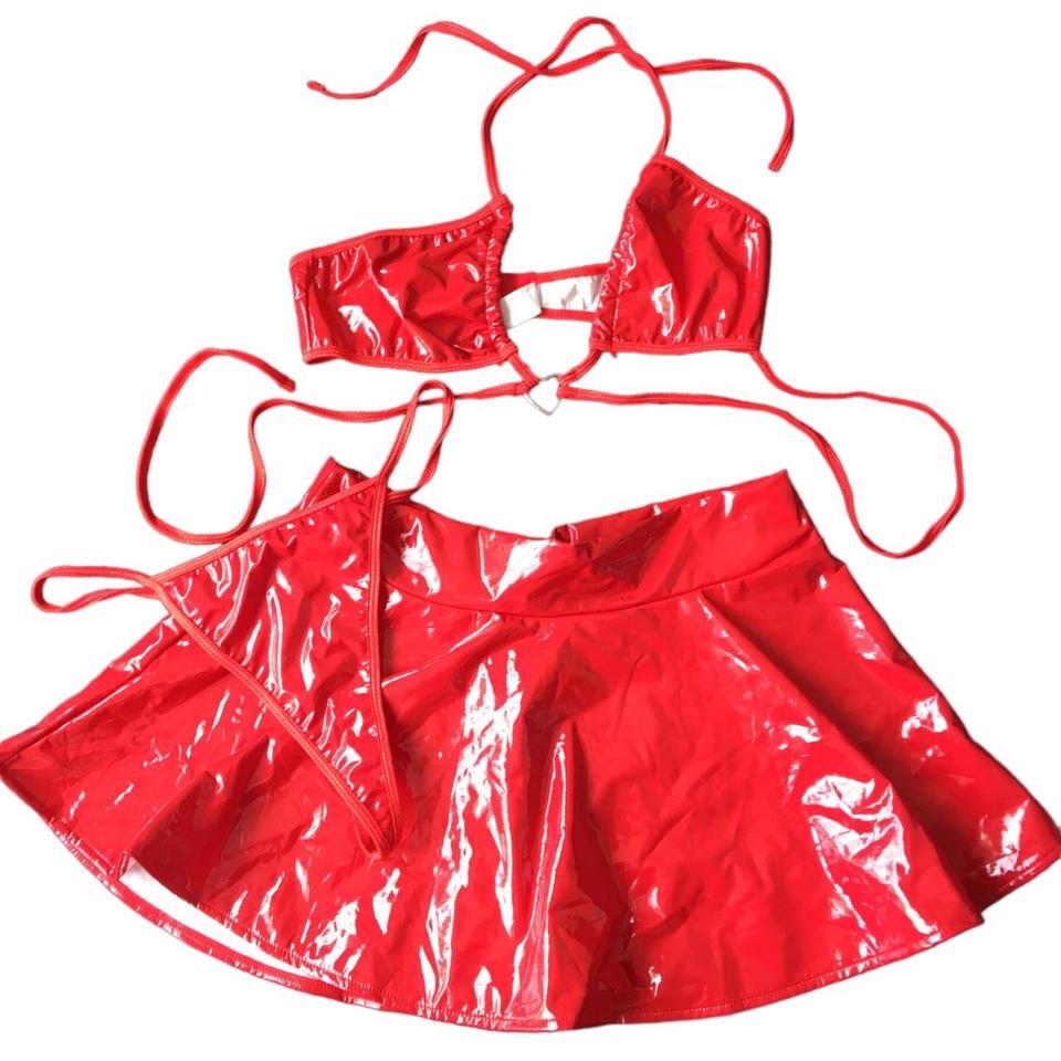 Red PVC Faux Leather Festival 2 Piece Skirt Set