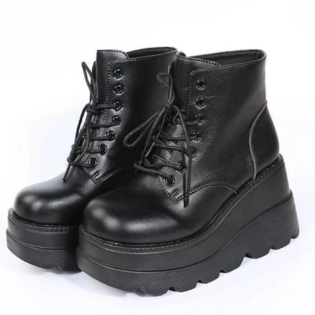 Black Matte Faux Leather Platform Lace Up Ankle Boots