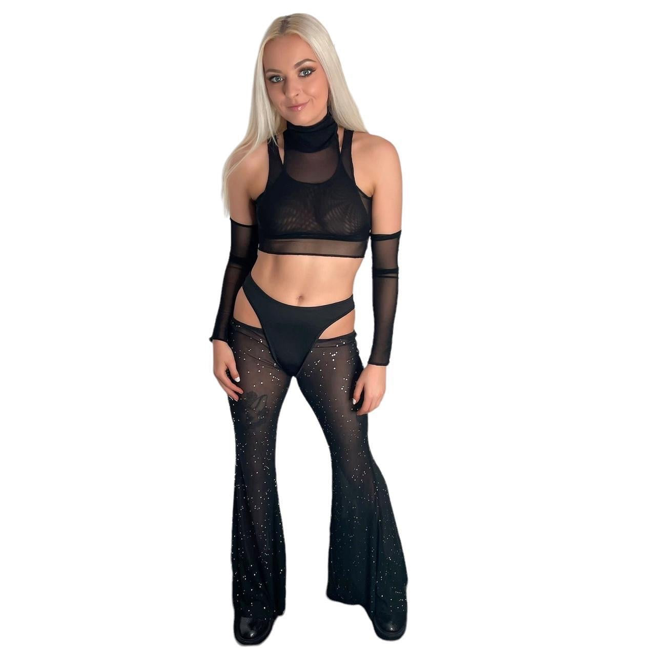 Black Rhinestone Cut Out Mesh Festival Flare Trousers