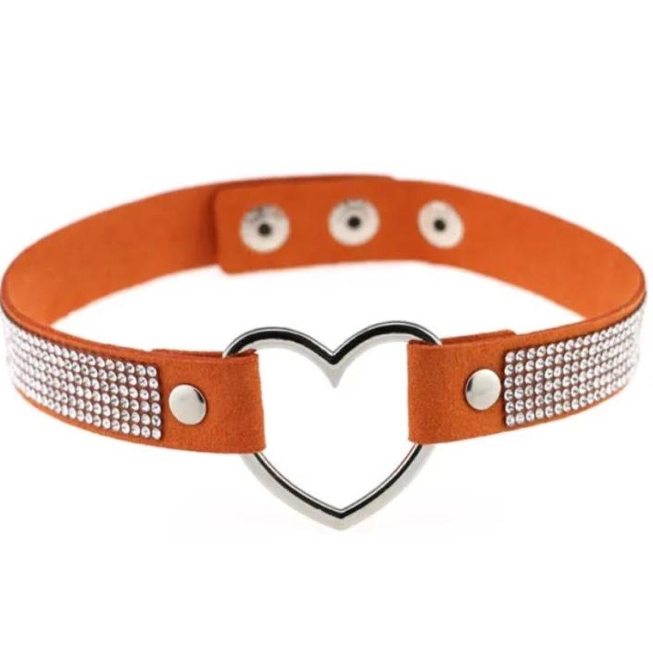 Orange Faux Leather Rhinestone Heart Ring Choker