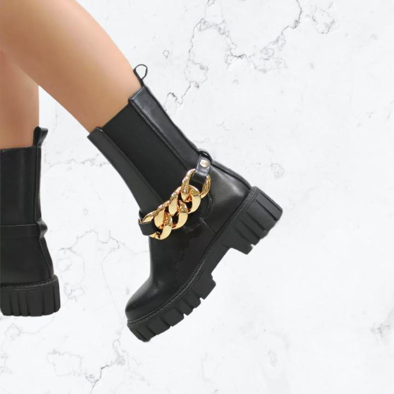 Black Faux Leather Gold Chain Ankle Boots