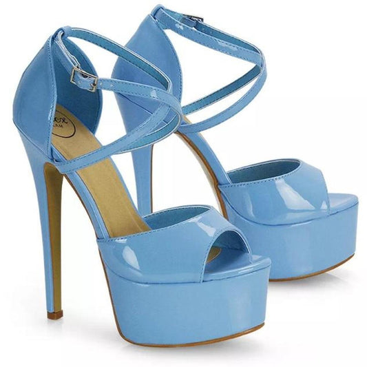 Blue Patent Faux Leather Platform Stiletto Heels