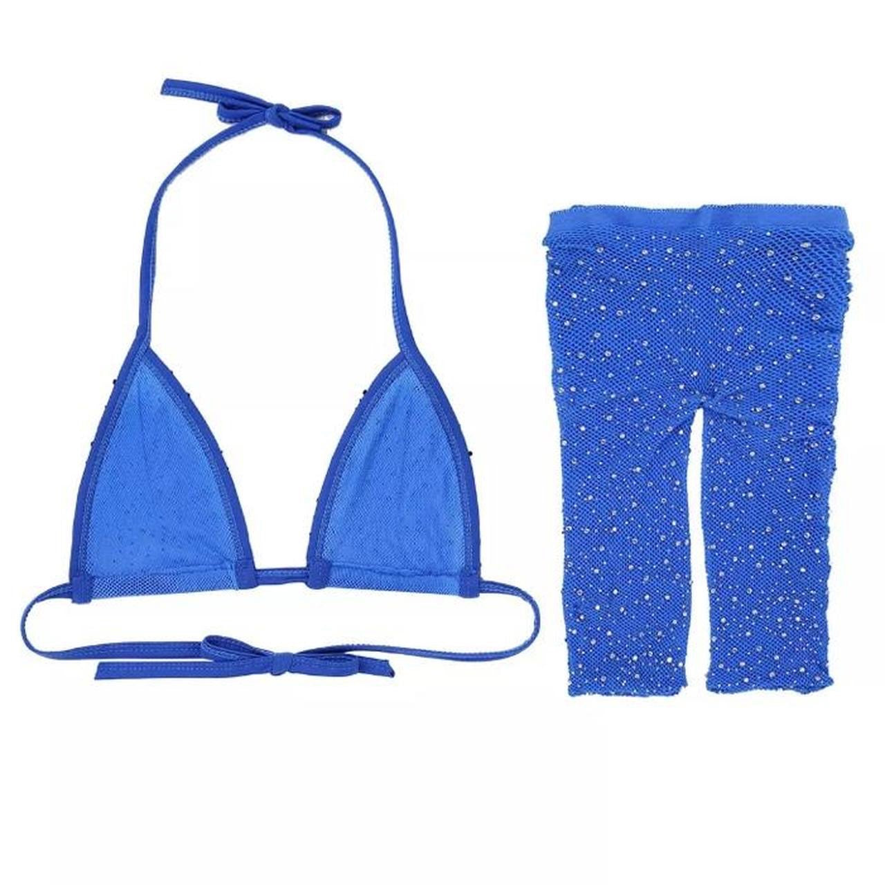 Blue Rhinestone Mesh Shorts Crop Top Co-Ord Set