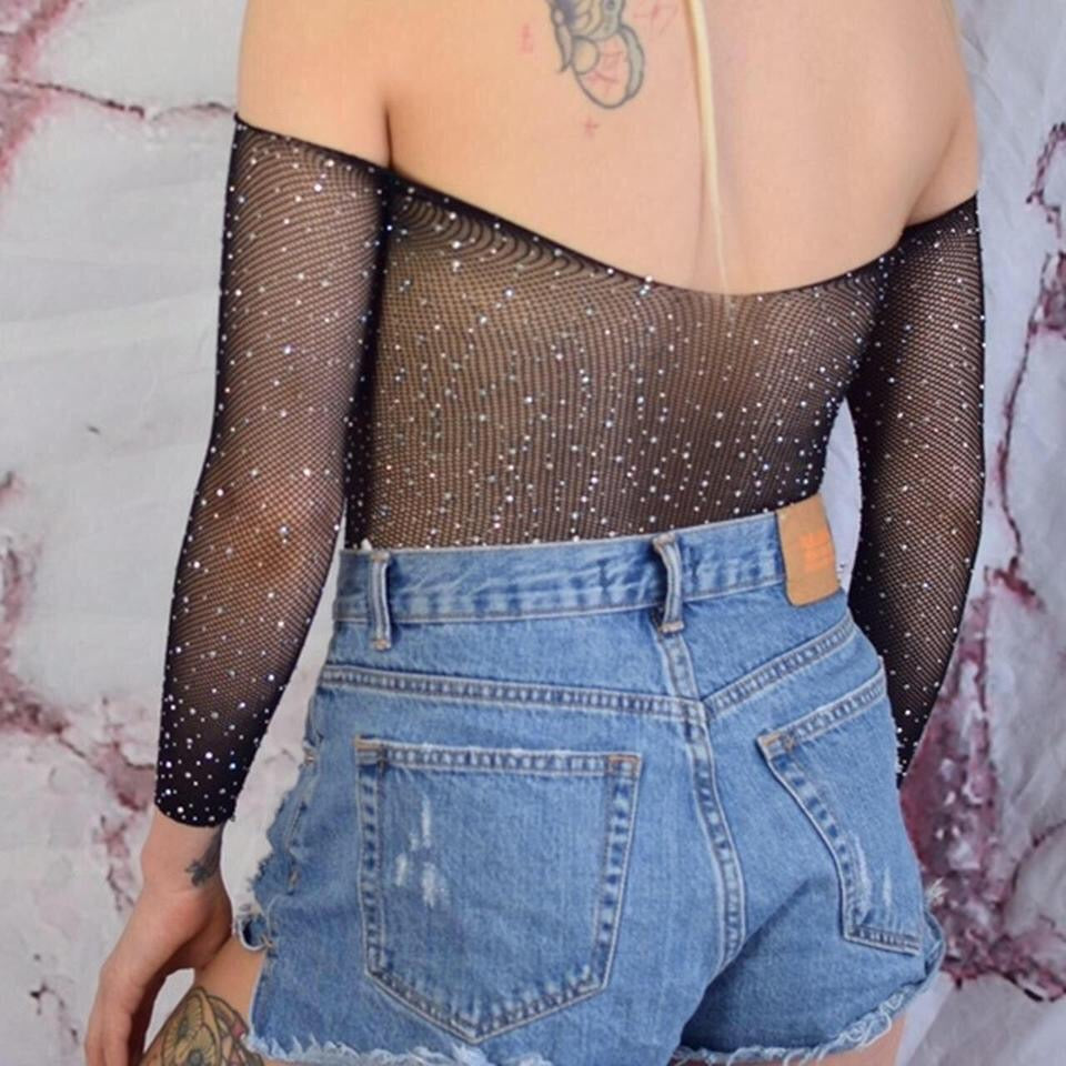 Black Mesh Rhinestone Festival Bodysuit