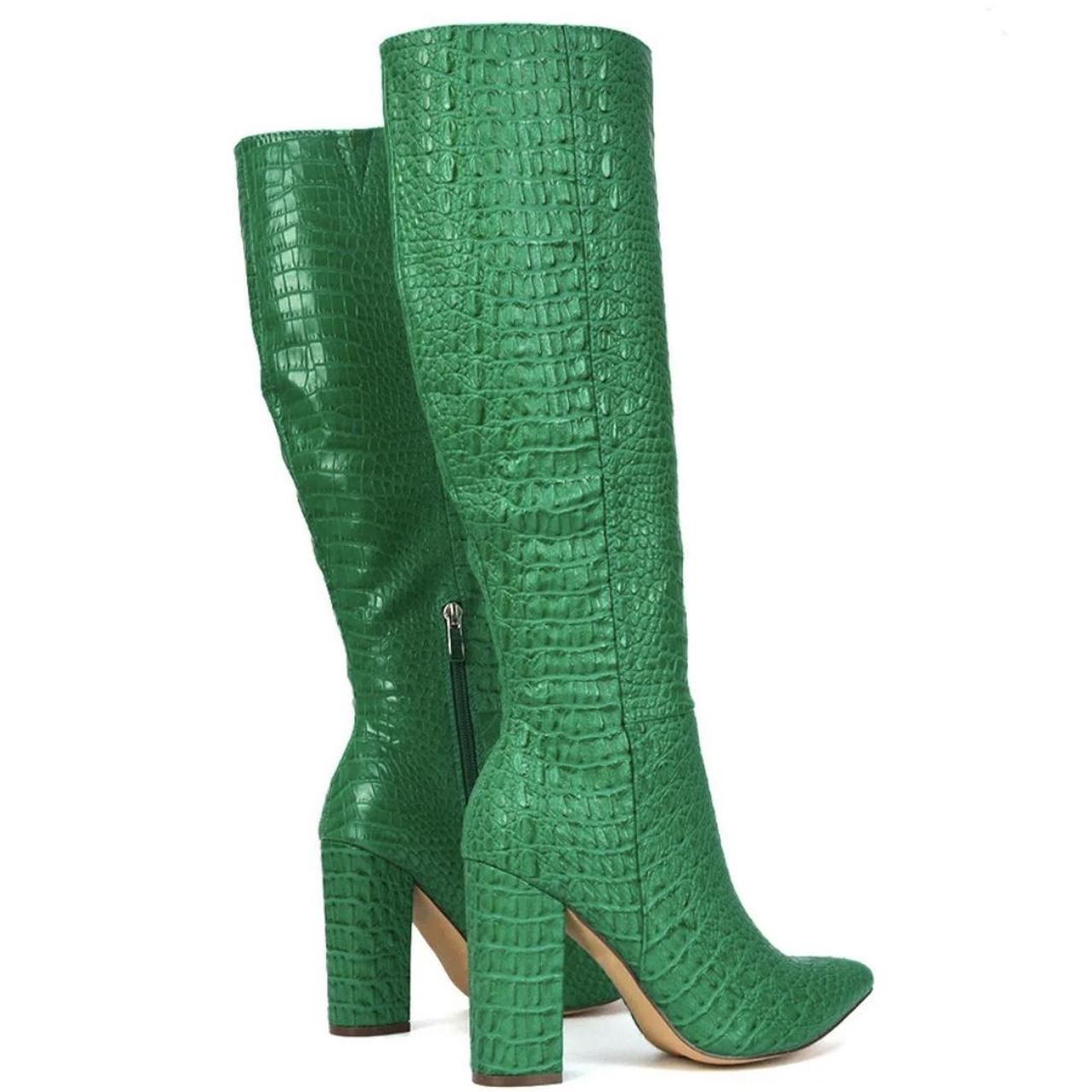 Green Faux Leather Crocodile Knee High Heel Boots