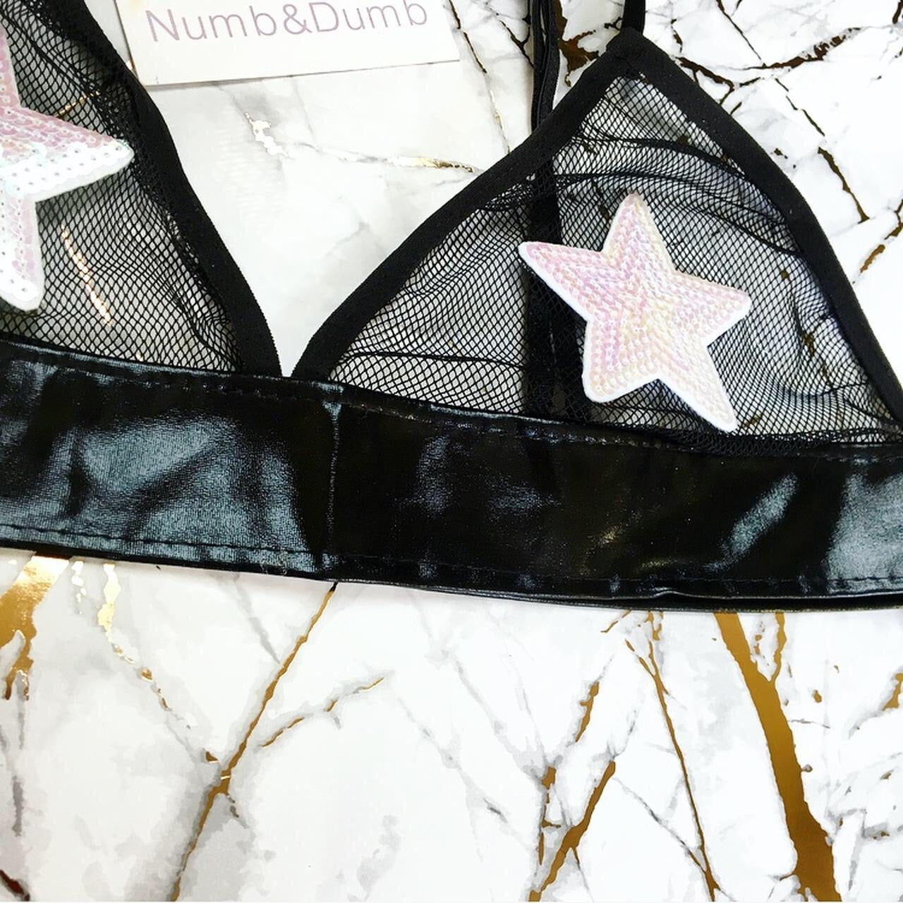 White Sequin Star Patch Mesh Faux Leather Bra