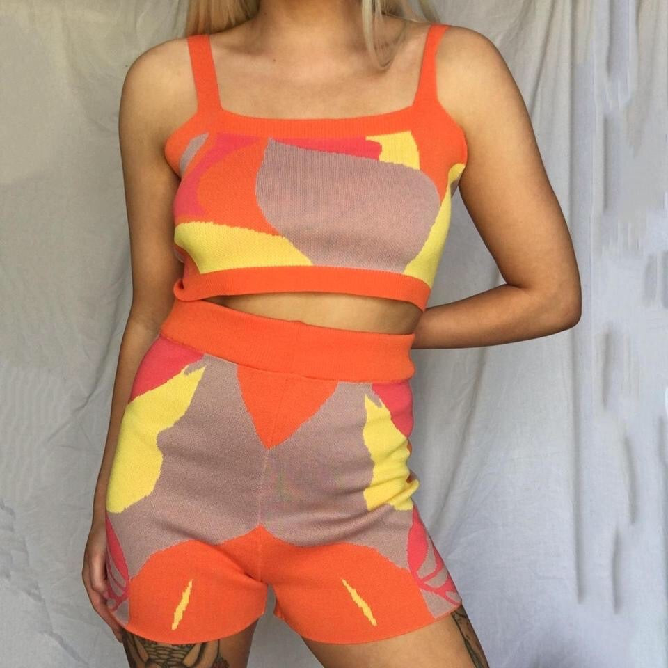 Orange Knitted Abstract Print Shorts Set