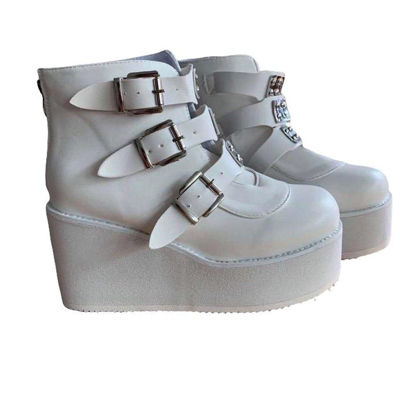 White Punk Faux Leather Buckle Platform Ankle Boots