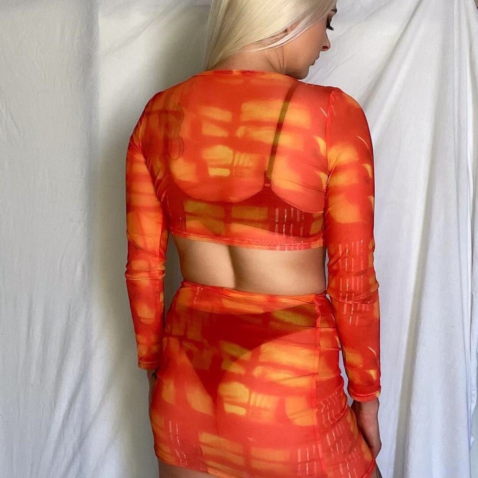 Orange Tie Dye Mesh Skirt Festival Set