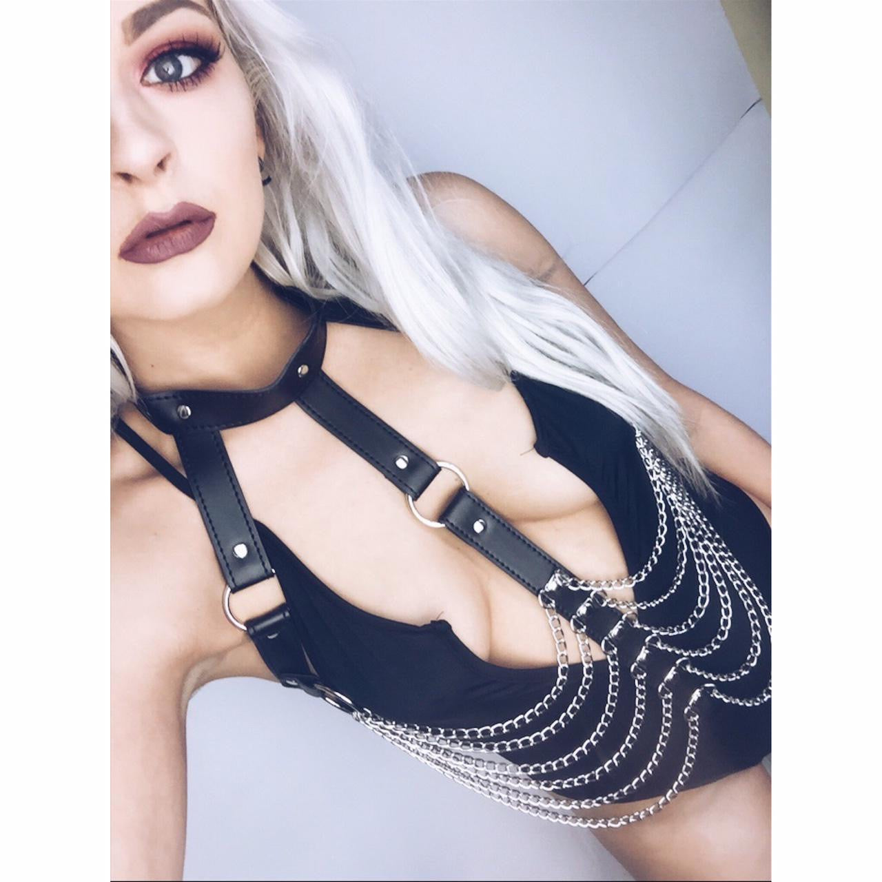 Black Faux Leather Chain Tassel Body Harness