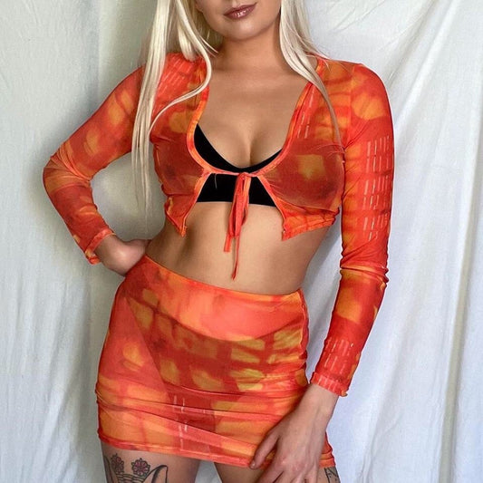 Orange Tie Dye Mesh Skirt Festival Set