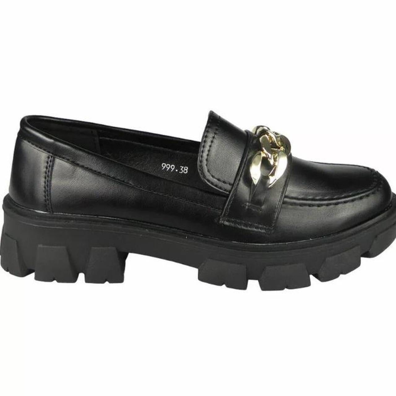 Black Faux Leather Chunky Chain Loafers