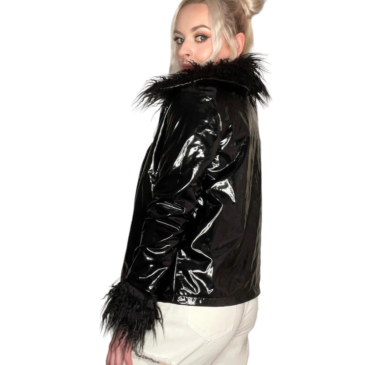 Black PVC Fluffy Faux Leather Jacket