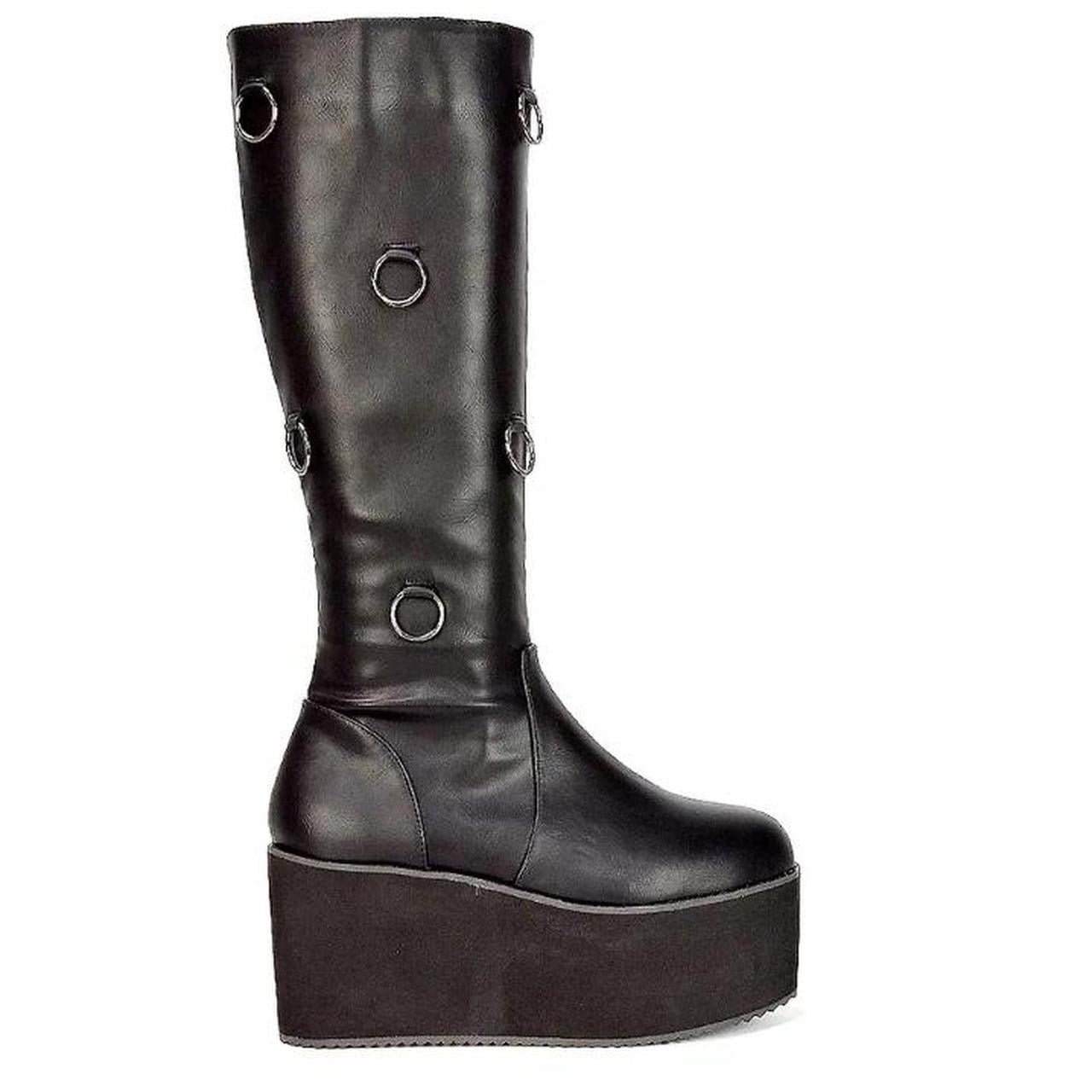 Black Faux Leather Knee High O Ring Platform Boots