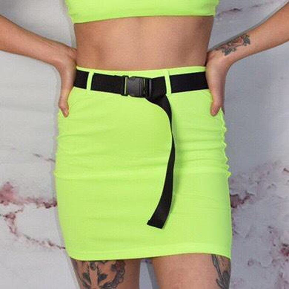 Neon Green 2 Piece Buckle Skirt Set