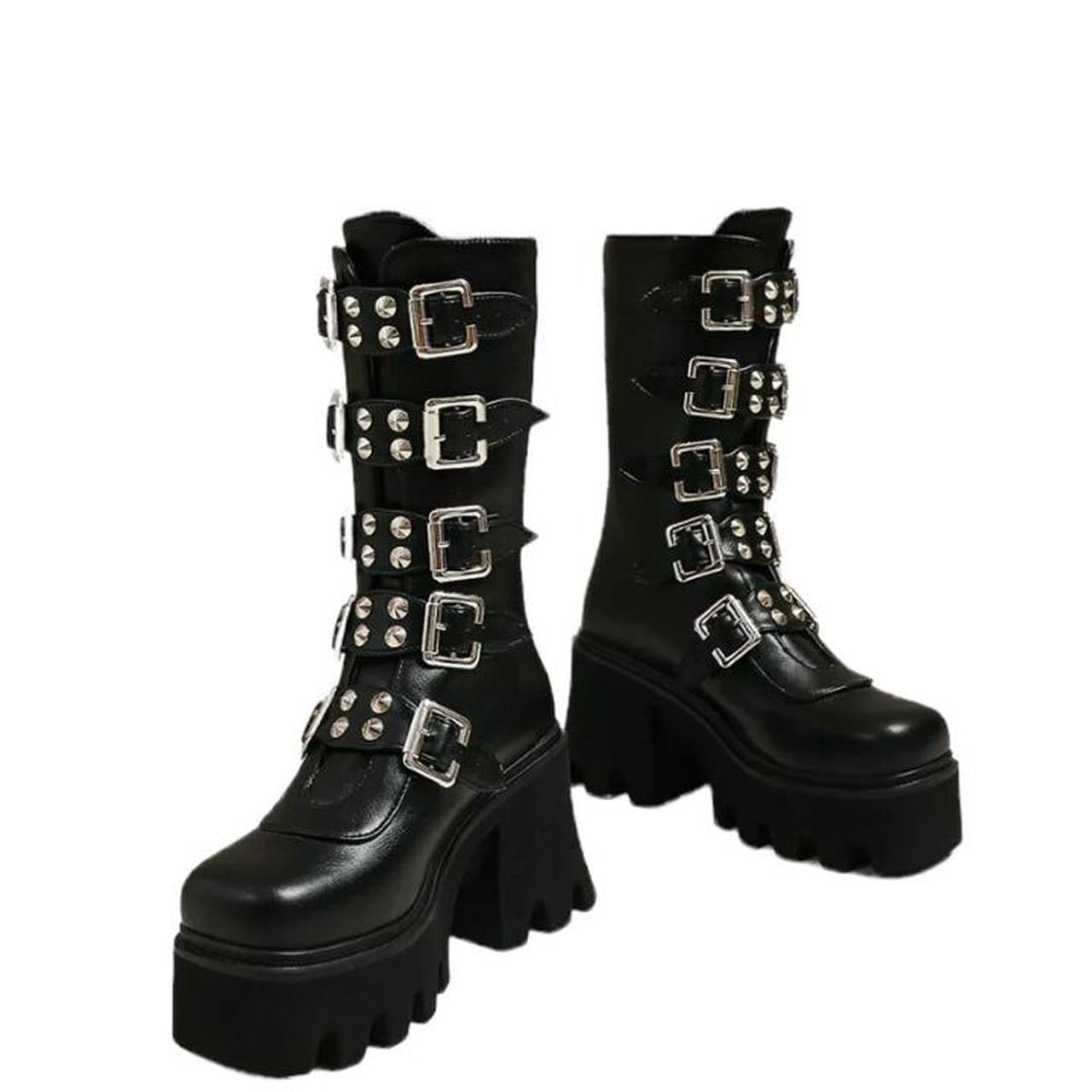 Black Faux Leather Knee High Punk Chunky Boots