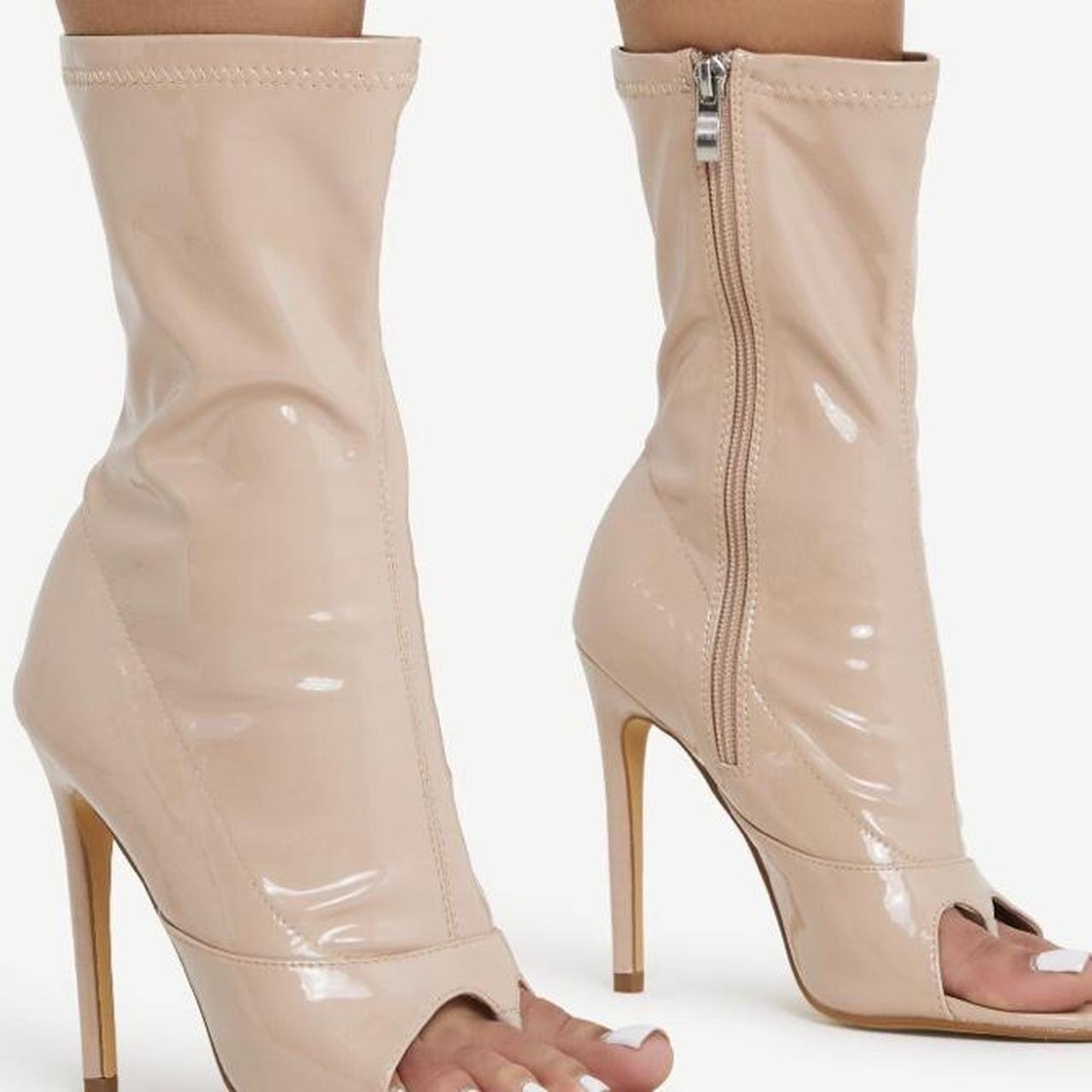 Nude Faux Leather Stiletto Open Toe Ankle Boots