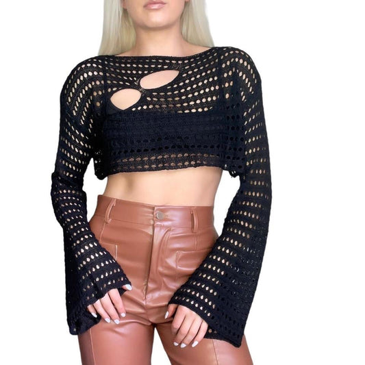 Black Open Knit Cropped Long Sleeve Jumper