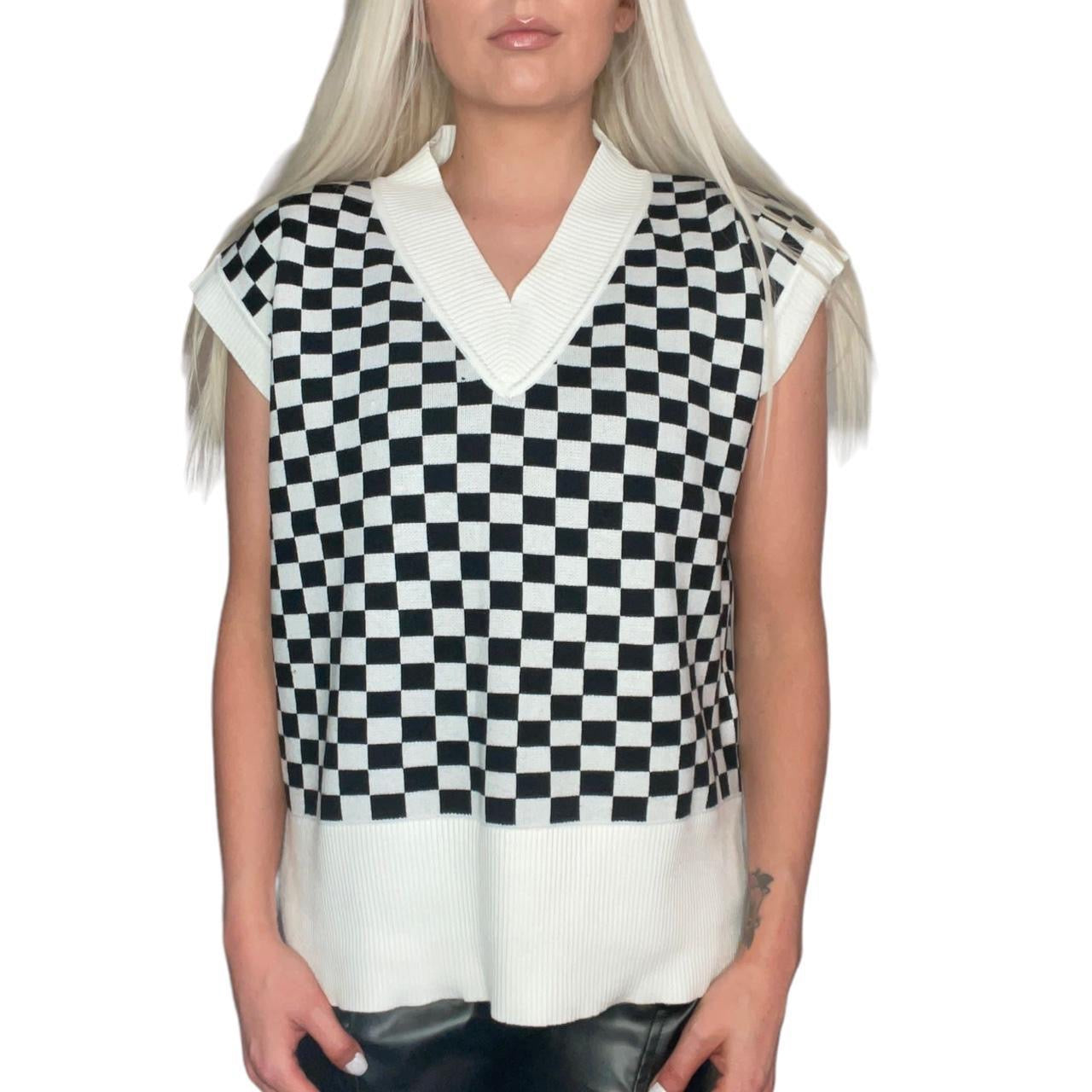 White and Black Checkerboard Knitted Sweater Vest