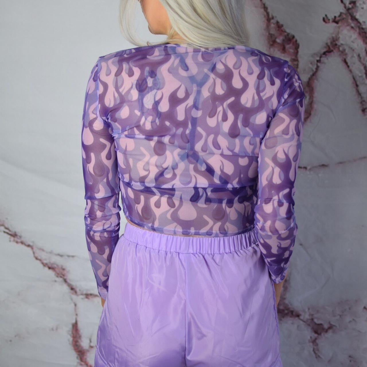 Purple Flame Print Mesh Crop Top