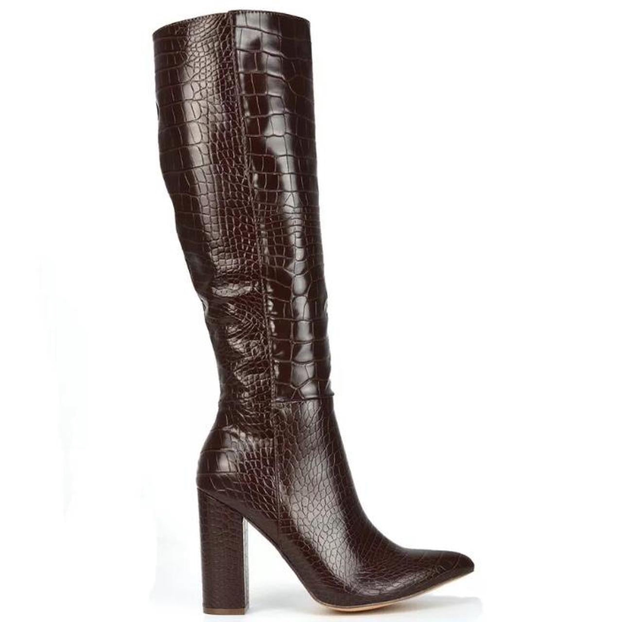 Brown Faux Leather Crocodile Knee High Heel Boots