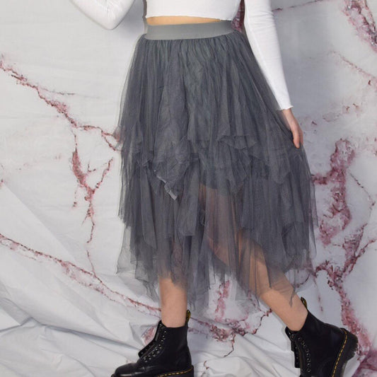 Grey Mesh Tiered Floaty Midi Maxi Skirt