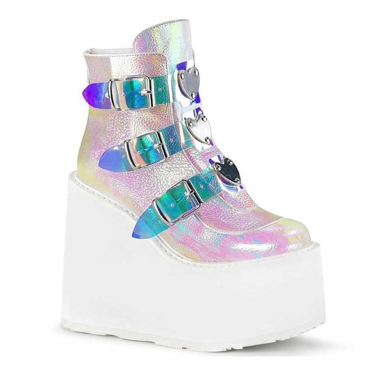 White Metallic Faux Leather Punk Platform Ankle Boots