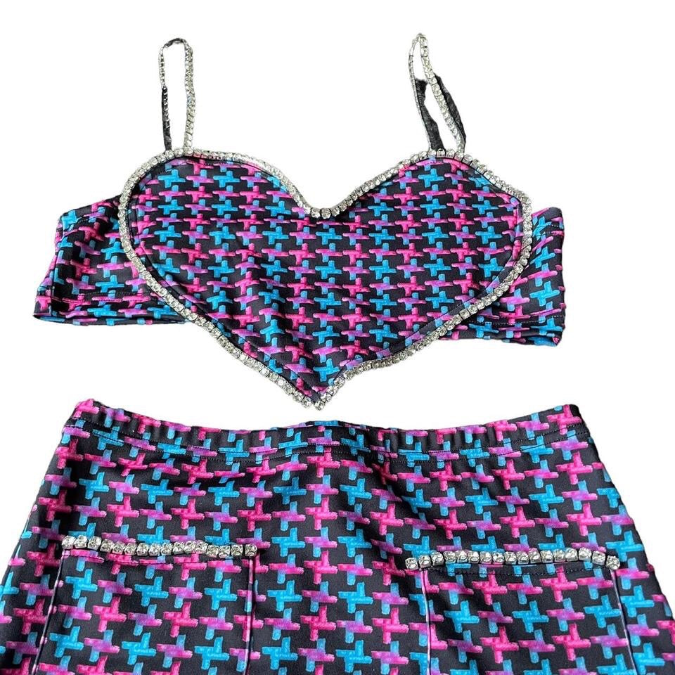 Purple Houndstooth Heart Diamond Skirt Co-Ord Set