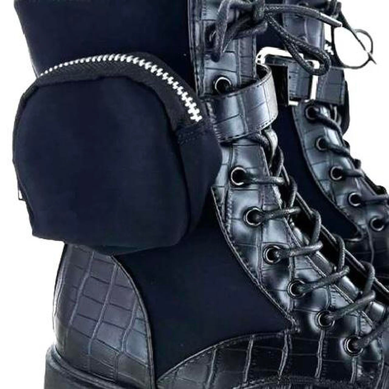 Black Faux Leather Crocodile Combat Purse Boots