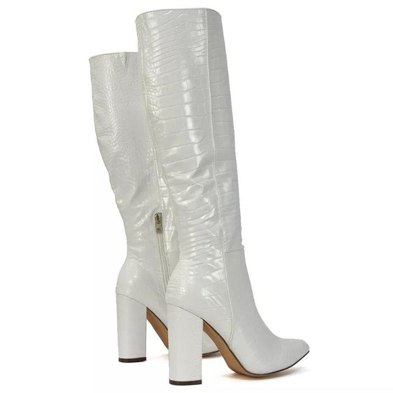 White Faux Leather Crocodile Knee High Heel Boots