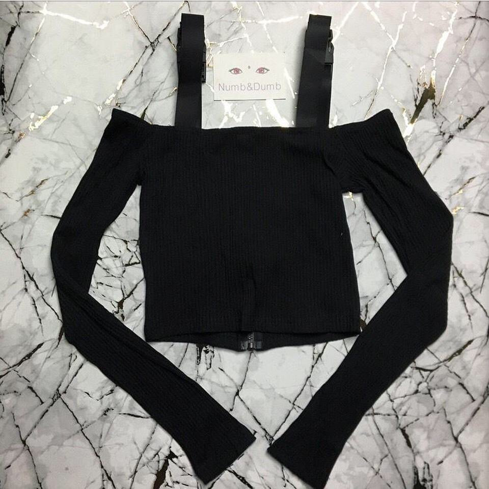 Black Zip Off Shoulder Buckle Strap Crop Top