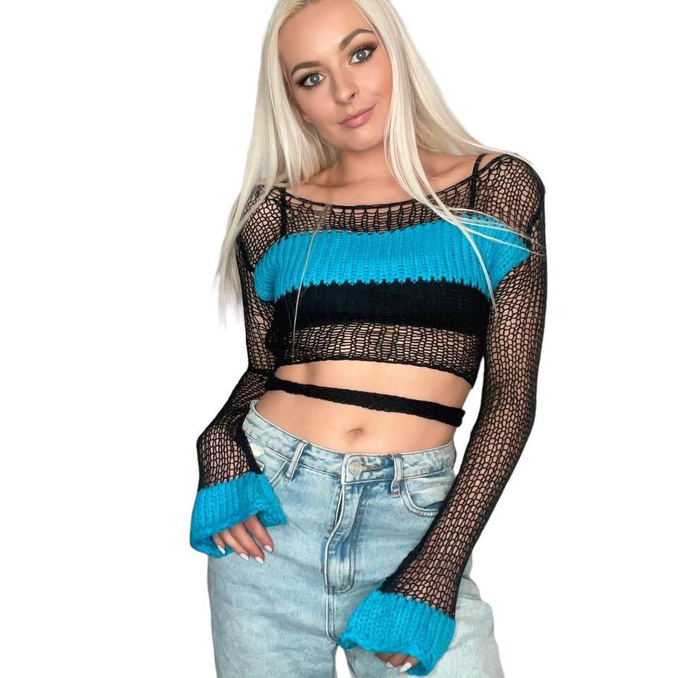 Black Open Knit Backless Cropped Jumper