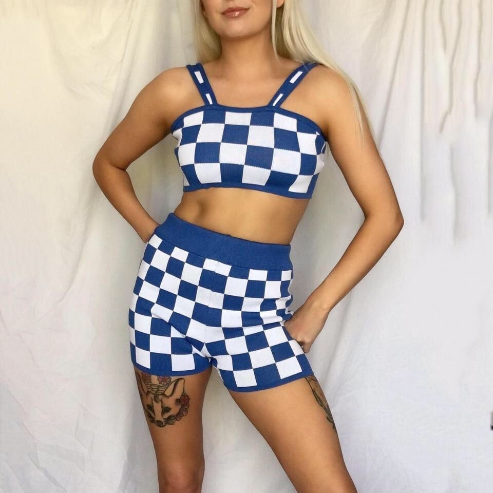 Knitted Blue Checkerboard 2 Piece Shorts Set