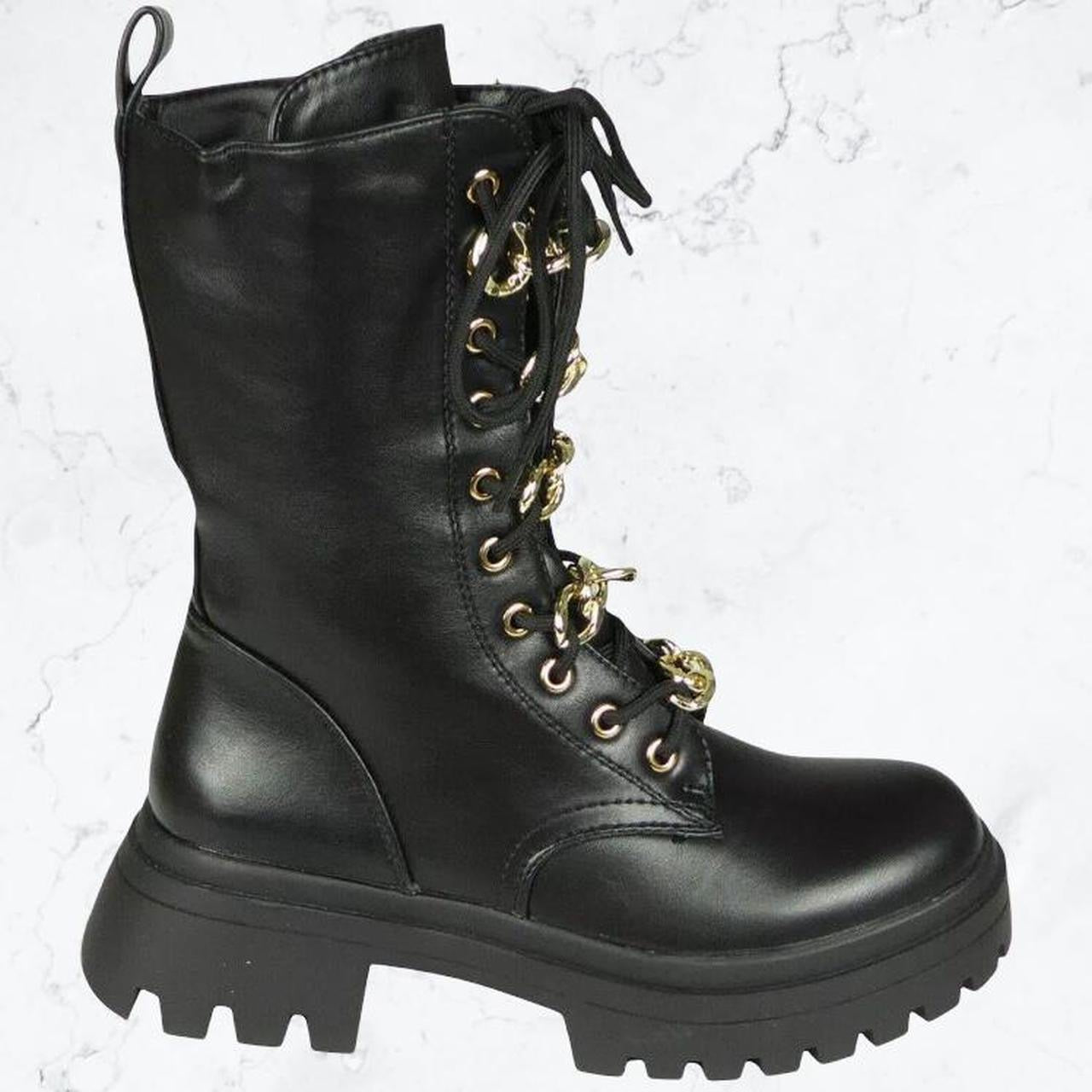 Black Faux Leather Chain Lace Up Punk Combat Boots