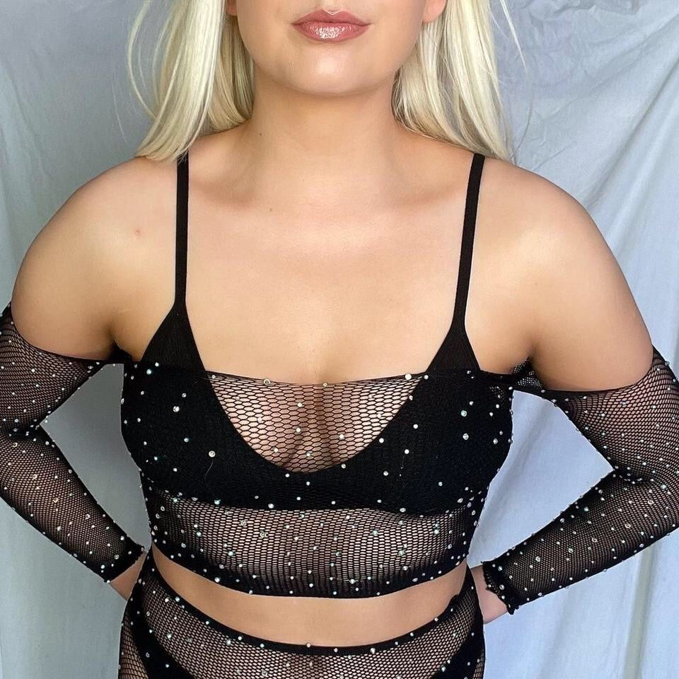 Black Mesh Rhinestone 2 Piece Festival Shorts Set