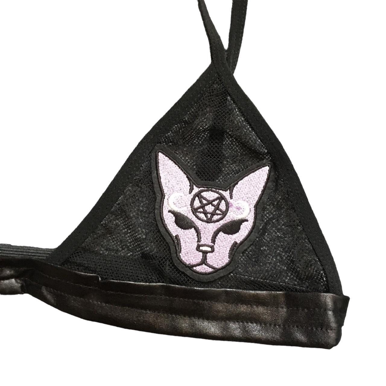 Gothic Hex Cat Patch Mesh Faux Leather Bra