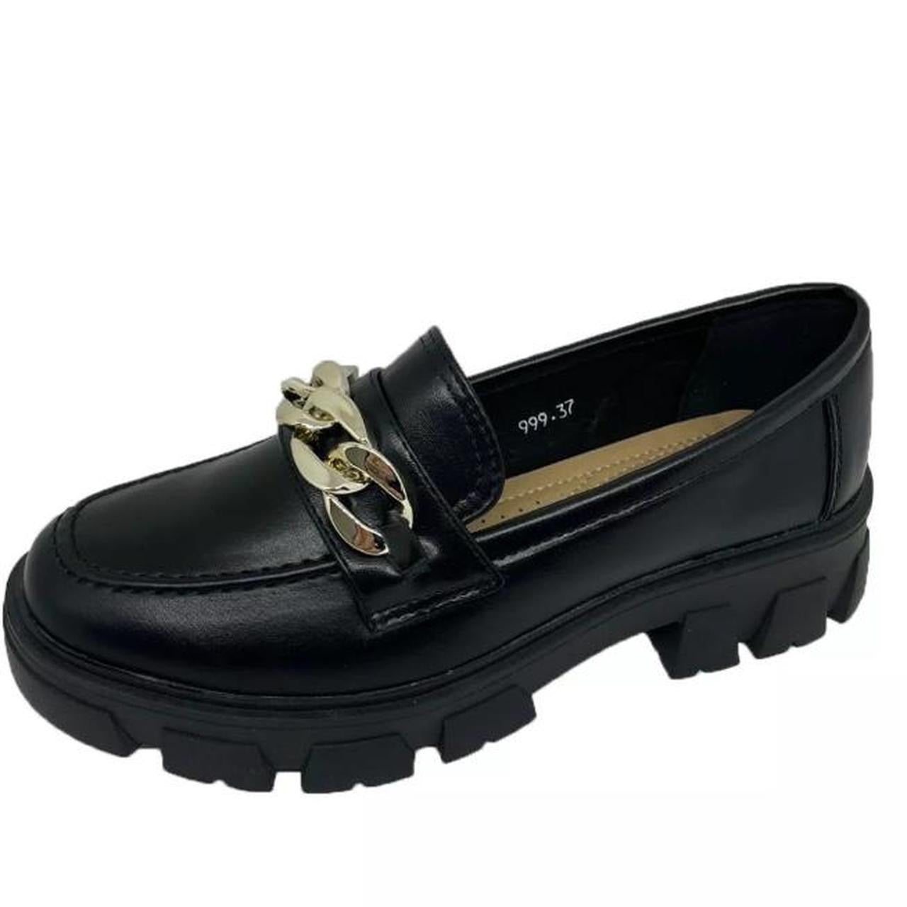 Black Faux Leather Chunky Chain Loafers