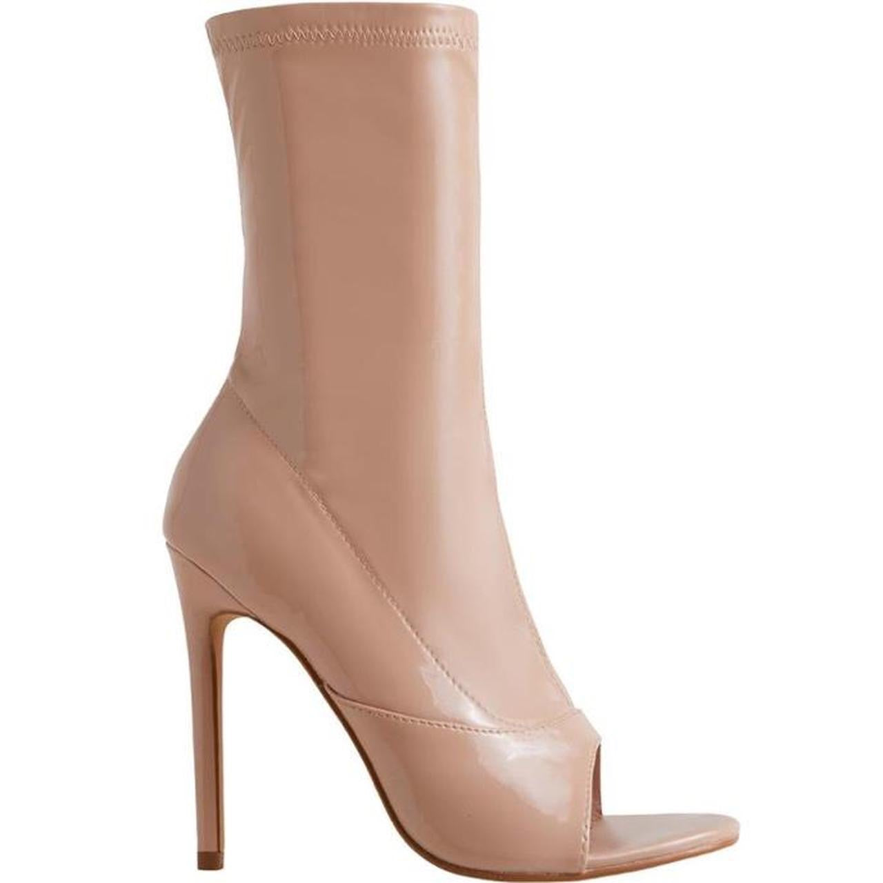 Nude Faux Leather Stiletto Open Toe Ankle Boots