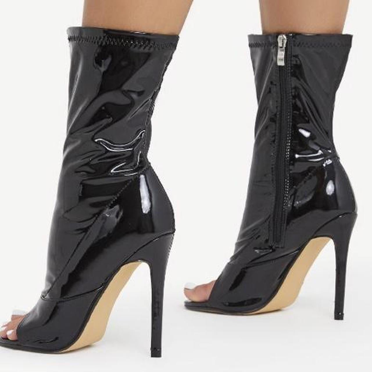 Black Faux Leather Stiletto Open Toe Ankle Boots