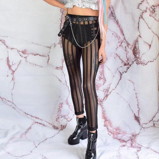 Black Mesh Striped High Waisted Sheer Leggings