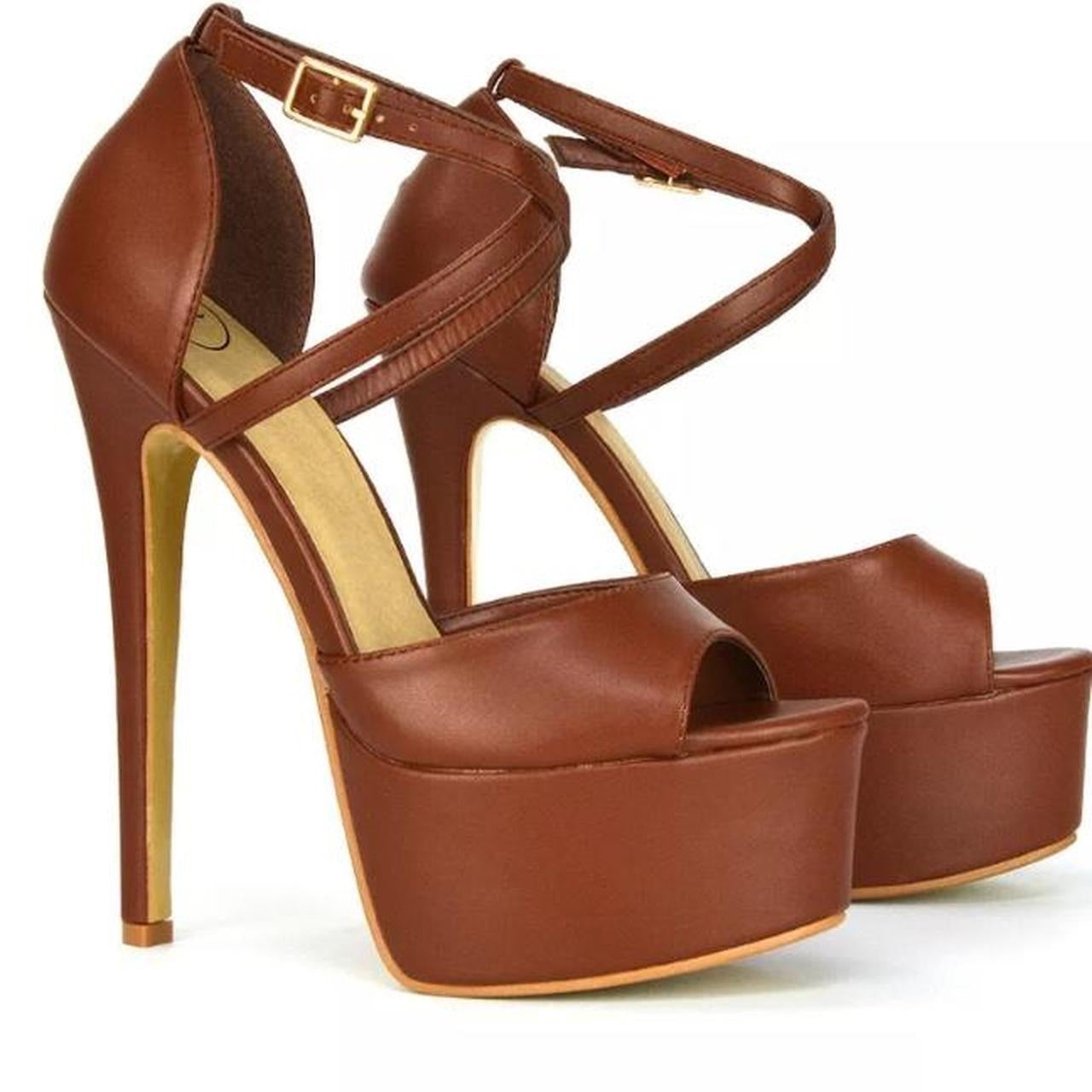 Brown Faux Leather Platform Stiletto Heels