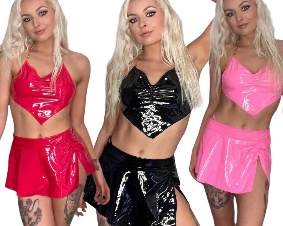 PVC Faux Leather Skirt Co-Ord Festival Set