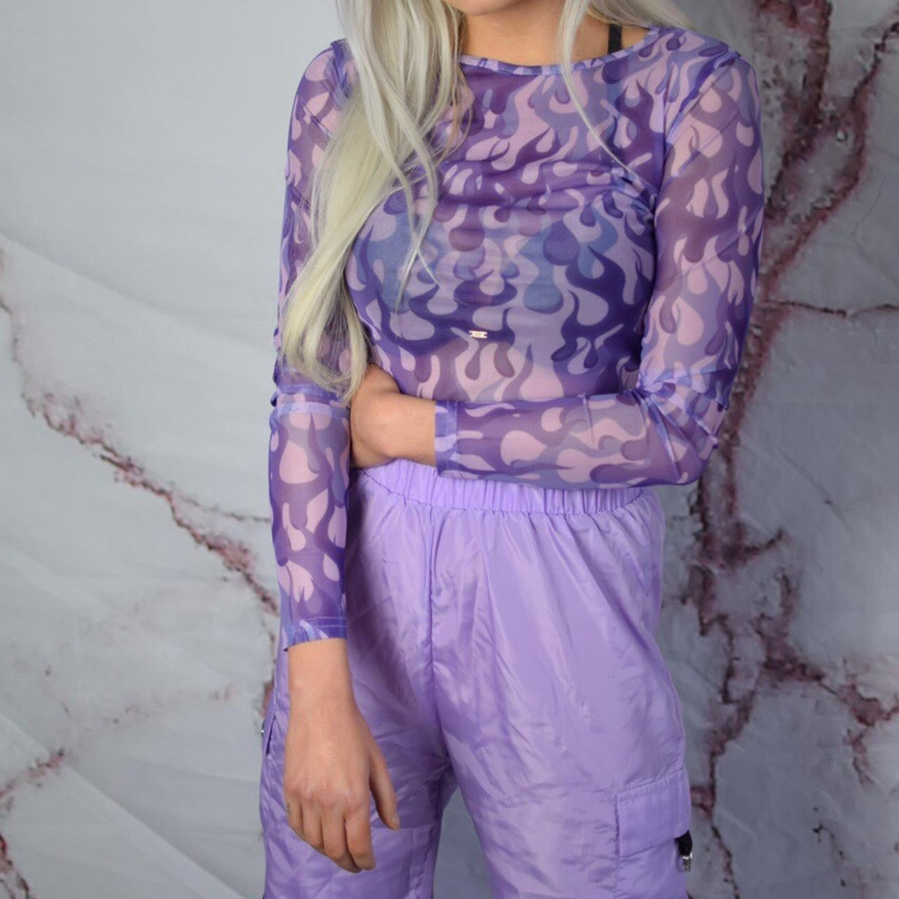 Purple Flame Print Mesh Crop Top