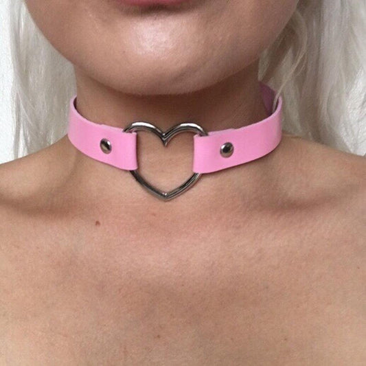 Pink Faux Leather Heart Choker