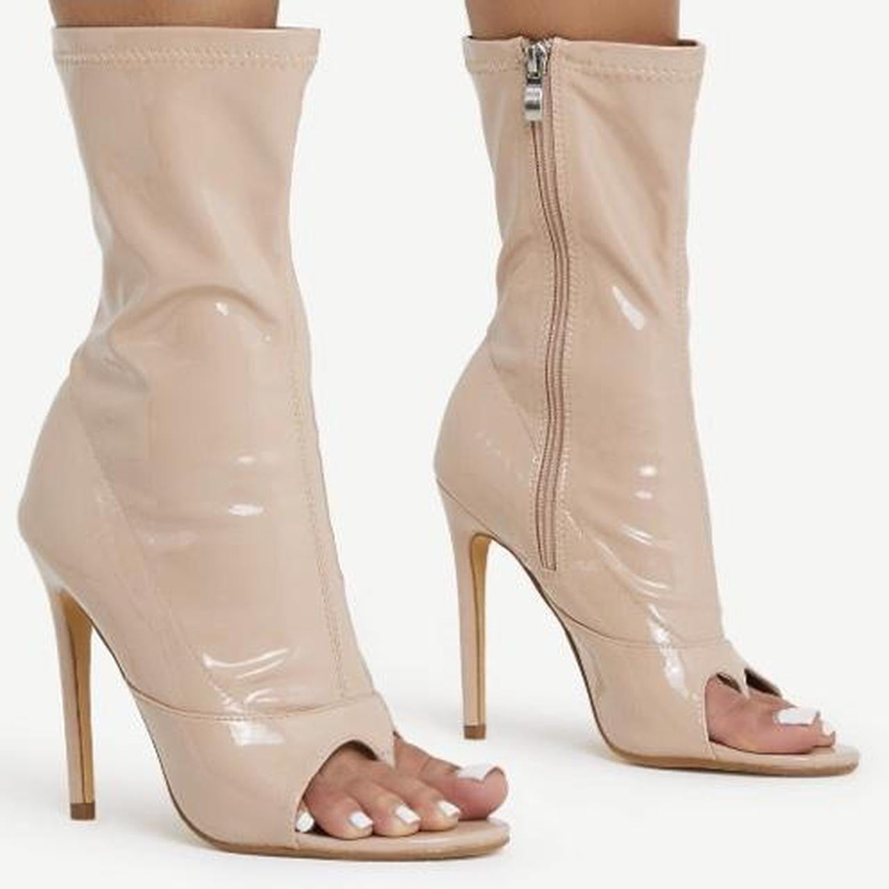 Nude Faux Leather Stiletto Open Toe Ankle Boots