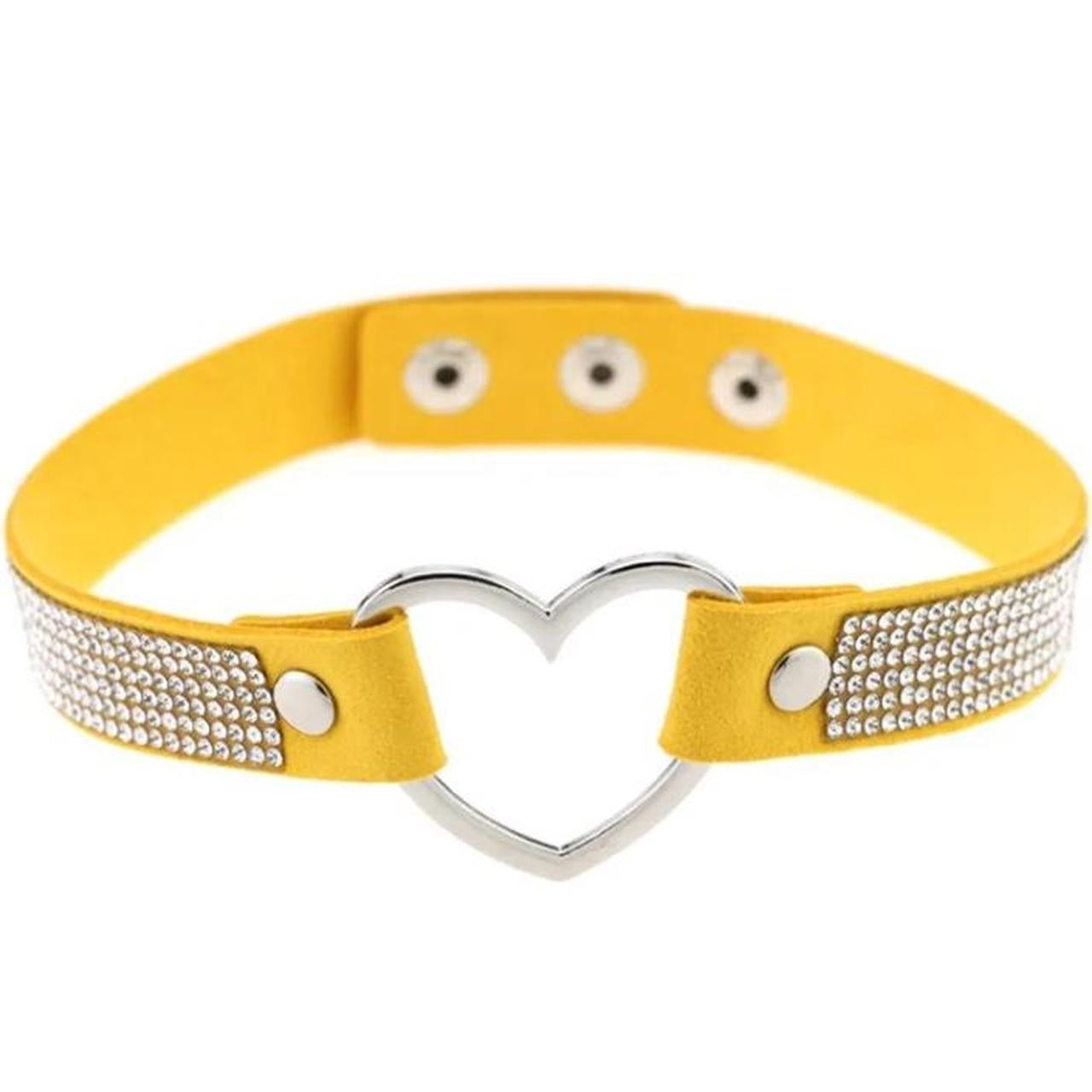 Yellow Faux Leather Rhinestone Heart Ring Choker