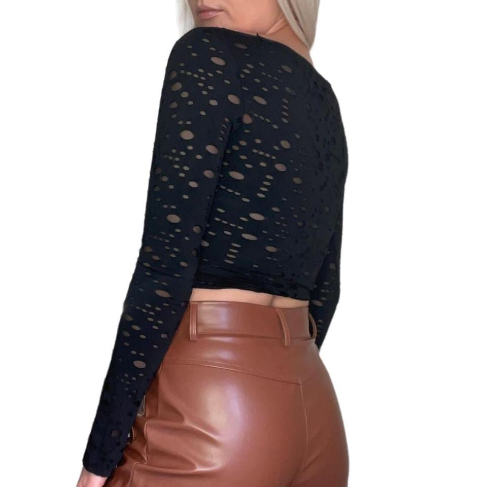 Black Double Layer Mesh Hole Long Sleeve Crop top